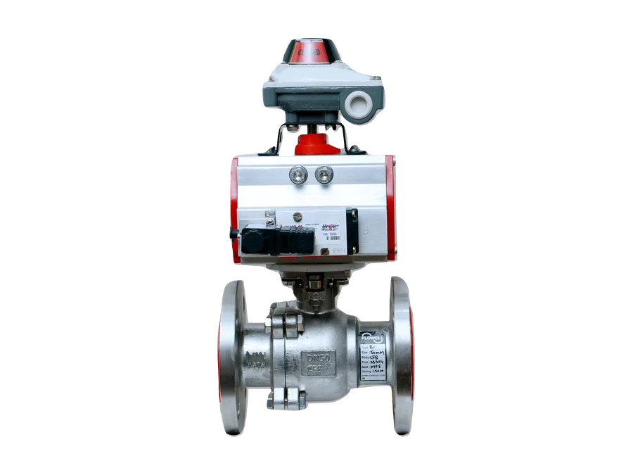 Actuated three-piece flanged ball valve with a pneumatic rotary actuator mounted to ISO 5211